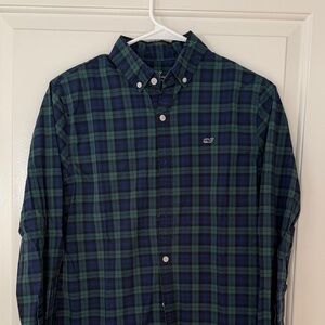Vineyard Vines Men's Navy and Green Checkered Shirt